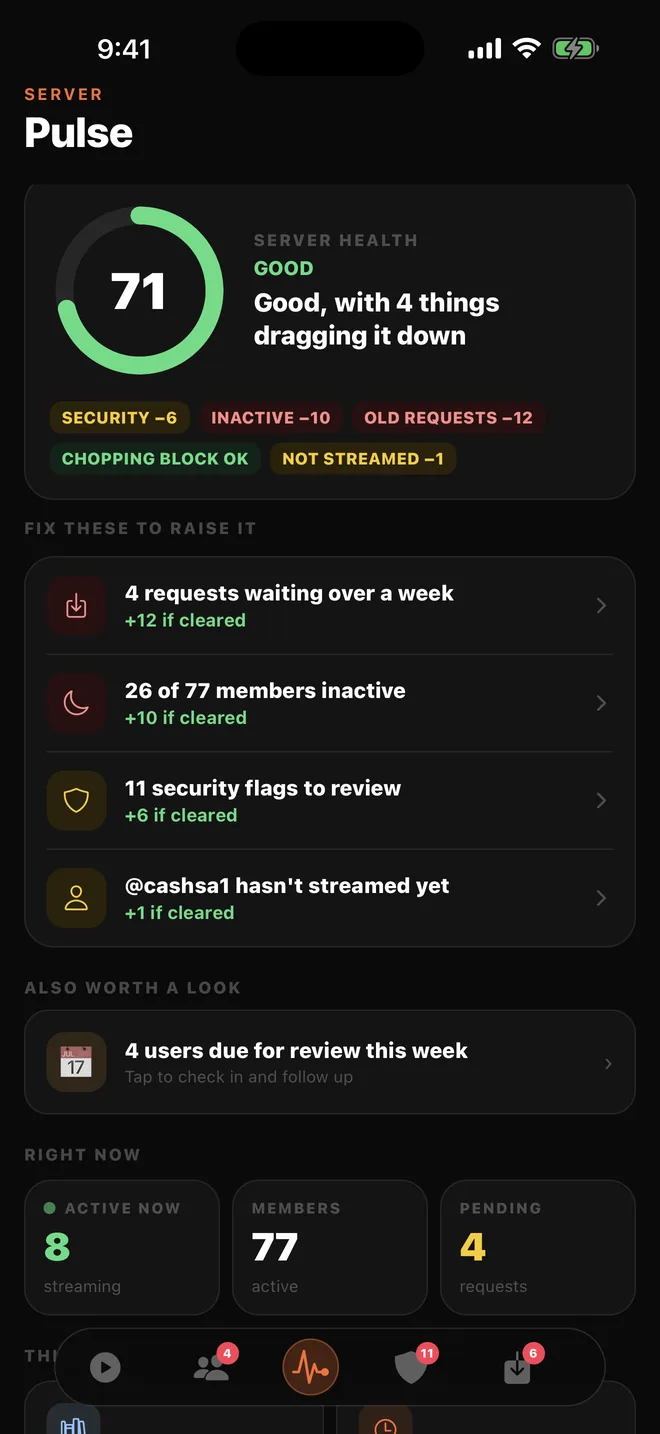 Pulse screen with a server health score of 71