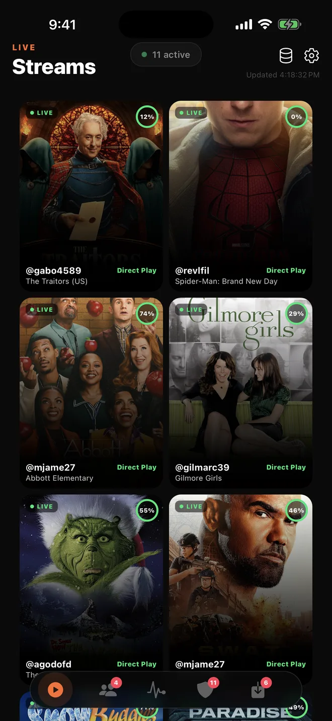 Streams screen showing 11 live streams
